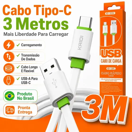 Cabo USB Para Tipo C KAIDI KD-330C 3m Carga Rápida Celular Tablet