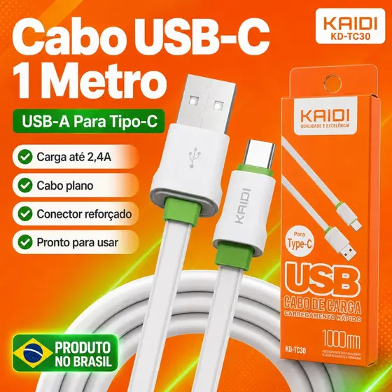 Cabo USB-A Para USB-C Kaidi KD-TC30 1m Carga Rápida Até 2.4A Tipo C 1metro