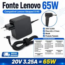 Fonte Carregador Compatível Lenovo Ideapad S145 E Yoga Etc 65W 20V 3.25A Pino 4.0x1.7mm Bivolt