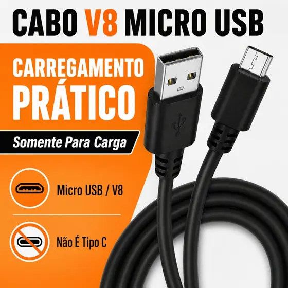 Cabo Micro USB V8 USB-A Para Carregamento Somente Carga Não Transmite Dados Não é USB-C