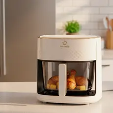 Forno Elétrico Saudavel Fritadeira Sem Óleo Visor em Vidro Branca e Rose Gold 4,5L Clean Com Brinde