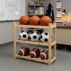 Porta Bolas de Madeira 3 Prateleiras Organizador Esportivo Futebol Basquete Quarto Rack Multiuso