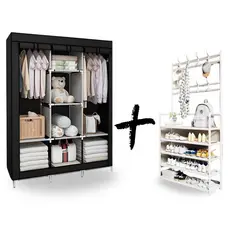 Guarda-Roupa Portátil Dobrável Prateleira Zíper para Quarto Closet + Rack Sapateira Cabideiro Branco