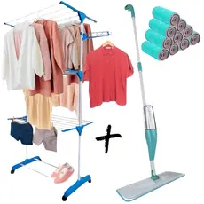 Kit Varal Dobrável 3 andares c/ rodinhas + Mop Spray 3 em 1 c/ reservatório 400ml + Refil 2,4,6,10 Casa Limpeza Organiza