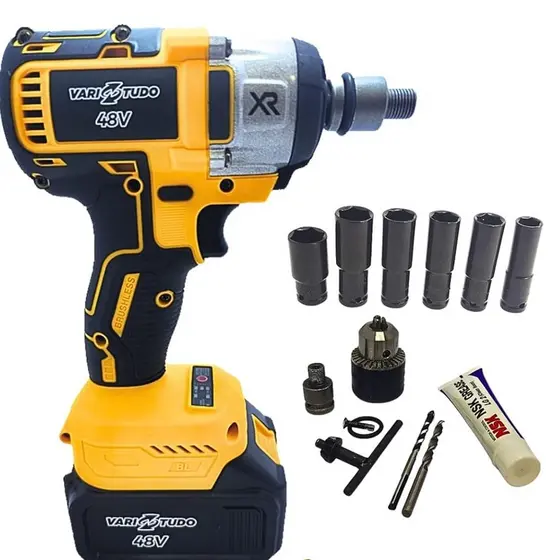 Chave de Impacto 48V Recarregável Bivolt 2 Baterias2000mAh Ferramenta Multifuncional Alta Velocidade