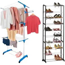 Kit Varal de Chão Dobrável Inox 3 Andares Retrátil  + Sapateira Vertical 30 Pares 10 Prateleiras Casa