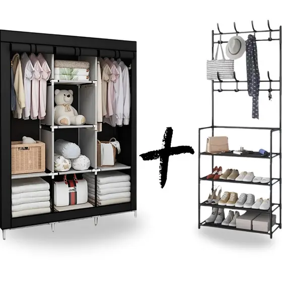 Guarda-Roupa Portátil Dobrável Prateleiras e Zíper para Quarto Closet + Rack Sapateira Cabideiro Quarto