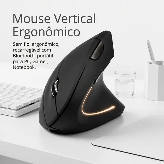 Mouse vertical sem fio, ergonômico, recarregável com bluetooth portátil para PC Gamer Notebook