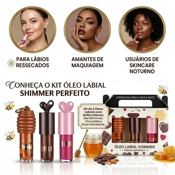 Kit 3 Gloss Lip Oil Hidratante Labial Brilho Intenso Shimmer Chocolate Mel Rosa