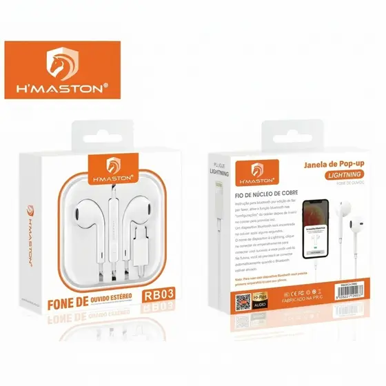 Fone De Ouvido C/Fio Para Iphone RB03 RB09 H'Maston Lightning Som Estéreo C/Microfone (Bluetooth ON)