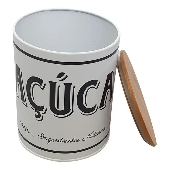 Lata De Metal Mantimento Açúcar Cor Branco Tampa Bambu