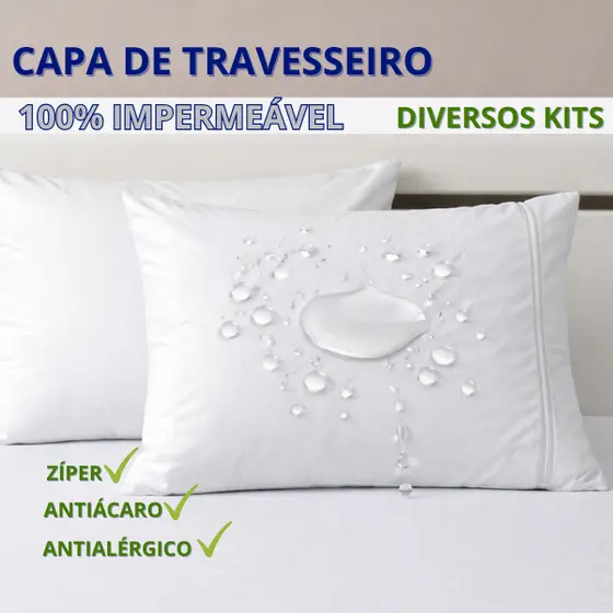 Capa Protetora Travesseiro Impermeável Antiácaro c/ Zíper Proteção Total 2 a 6 peças
