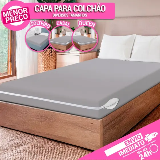 Capa Protetora de Colchão Cinza Para Cama Box Solteiro Casal Queen com Zíper Antiácaro Resistente