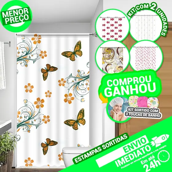 Kit 2 Cortinas Box Diversas Estampadas Uso Direto no Suporte Acabamento em Viés 100% PE