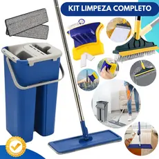 Mop Flat Balde Lava Seca Limpeza + Escova Multiuso 2x1 box banheiro + Limpa Vidros Magnético Vidros