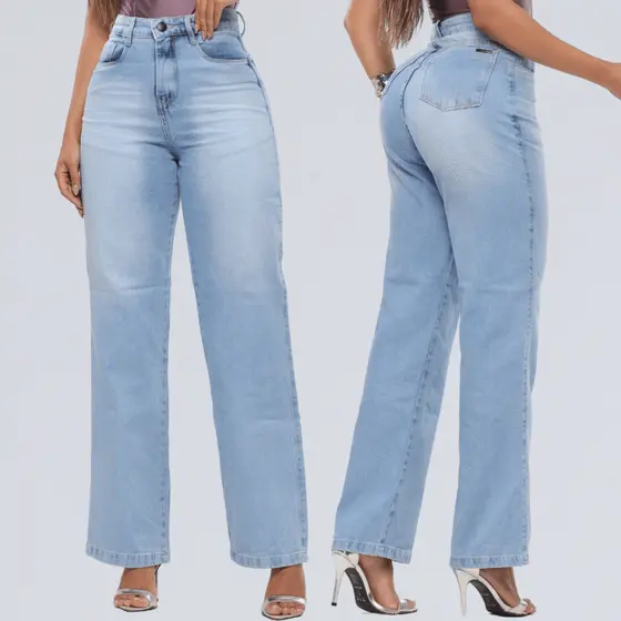 Wide Leg Jeans Pantalona Feminina Cal莽a Cintura Alta 100% Algodao Sem Lycra