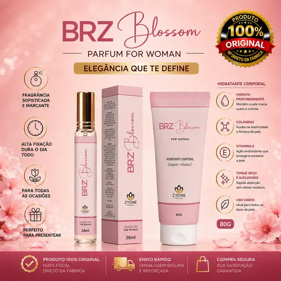 Kit Perfume e Hidratante Feminino BRZ Blossom Zyone Alta Fixação Essência Parfum Antigo 121 Rose