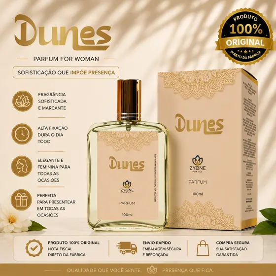 Dunes Perfume Zyone Cosméticos Árabe Unissex Parfum 100ml Alta Fixação Essência Premium