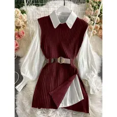 Bamboo Fashion 2 peças/Conjunto Colete Com Manga De Lanterna Branca de Primavera e Colete De Malha De Ajuste Solto