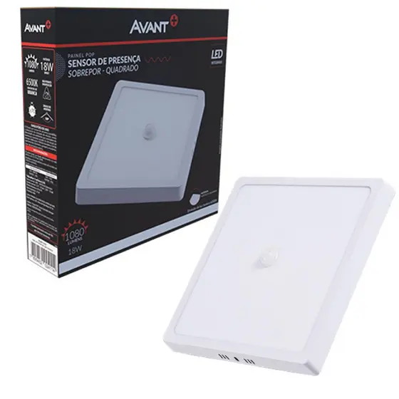 Plafon Quadrado Sobrepor 18w Com Sensor Presença 6500k Painel Led Inteligente Garagem Corredor Escada