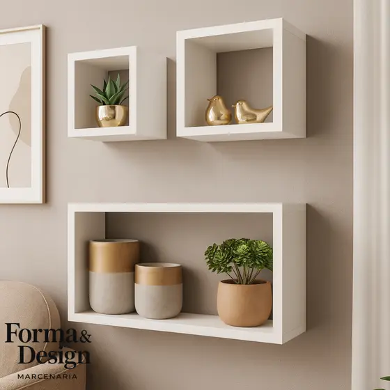 Kit Nichos MDF Branco Decorativo 3 Peças – Quadrado e Retangular 15mm com Kit de Fixação | Sala, Quarto e Banheiro