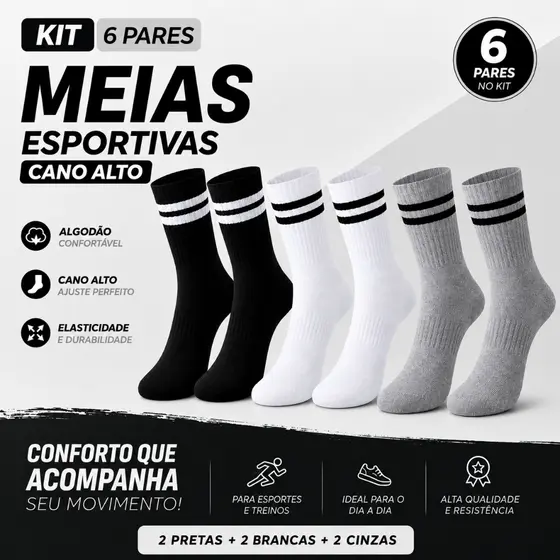 Kit 6 Meias Cano Alto 2 Listras Academia Treino Corrida