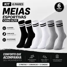 Kit 6 Meias Cano Alto 2 Listras Academia Treino Corrida
