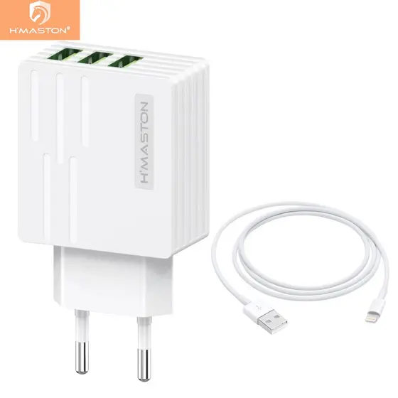 H'maston Y42 5.1A Turbo V8 Lightning/IOS Tipo-c Carregador 3 USB 1Metor