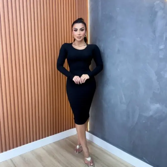 vestido tricot modal canelado comprida manga longa