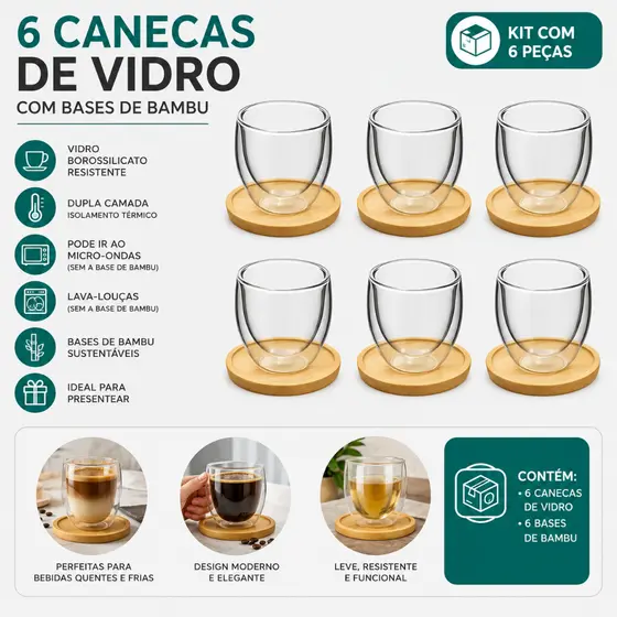 Kit Conjunto 4 ou 6 Xicaras Café Expresso Chá Copos Caneca Expresso Gourmet Vidro Duplo 100 ml