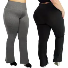 Kit 2 Calça Bailarina Feminina Plus Size Calça Flare Boca De Sino Preta e Cinza Cintura Alta