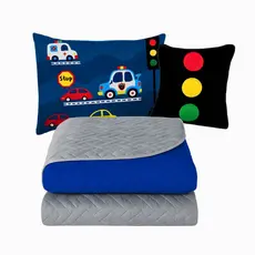 Cocha Colcha Cobre Leito Jogo Roupa Cama Infantil Criança 5 Pçs Matelado Quarto Menino Carros Azul