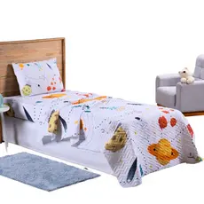 Colcha Cobre Leito Jogo Roupa Cama Solteiro 2 Pçs Matelado Macio Quarto Menino Astronauta Branco
