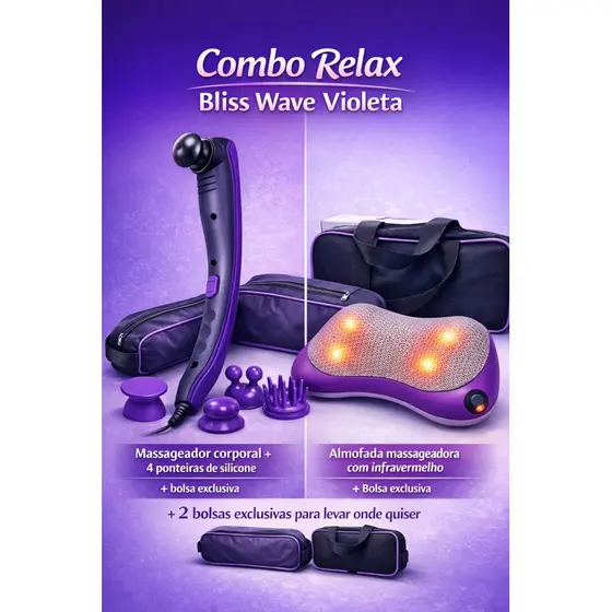 Combo Massageador Corporal Profissional Violeta + Almofada Conforto Premium 4 Ponteiras + 2 Bolsas.