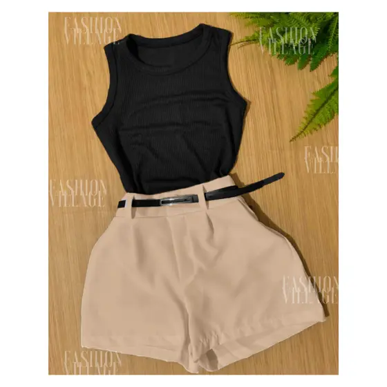 Conjunto2 Uma Regata Canelada +Short Bege Alfaiataria Com Cinto Inspiração Moda Blogueira Tendência 2024