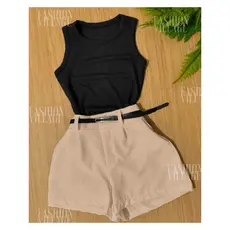 Conjunto2 Uma Regata Canelada +Short Bege Alfaiataria Com Cinto Inspiração Moda Blogueira Tendência 2024