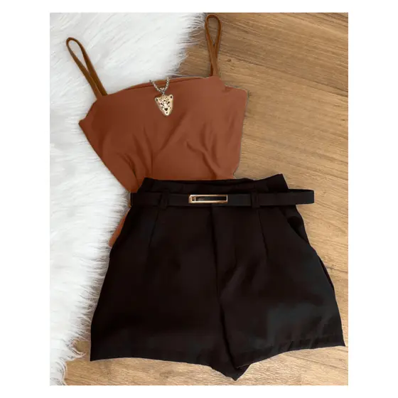 Conjunto2 um bory body alcinha sem bojo+ Short preto com cinto Inspiração Moda Blogueira