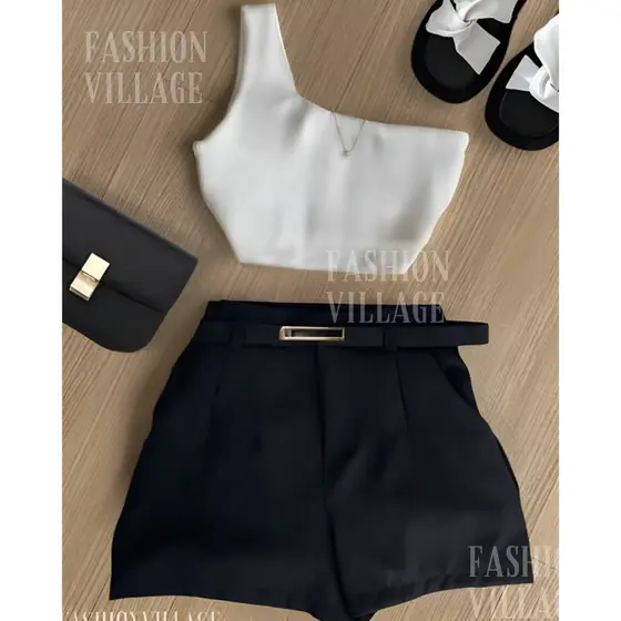 Conjunto2 Talia Cropped +Short Preto+cinto Inspiração Moda Blogueira 2025