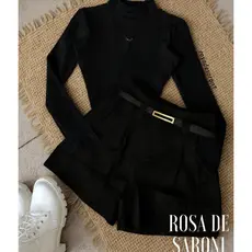 Conjunto2  Um bory body Manga Longa + Short Preto Inverno Moda Blogueira