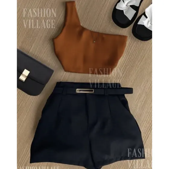 Conjunto2 Talia Cropped +Short Preto+cinto Inspiração Moda Blogueira 2026