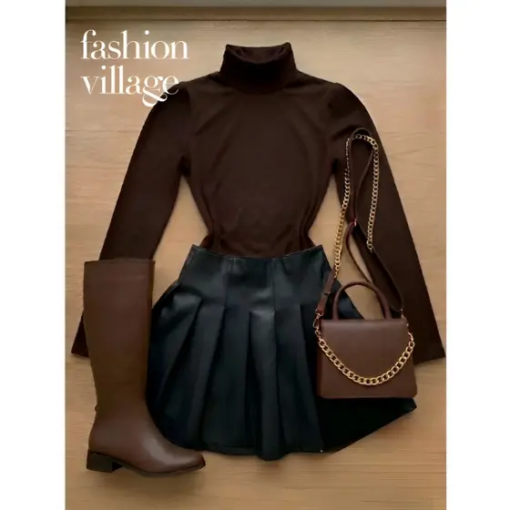 Conjunto Feminino Body Gola Alta Marrom + Saia Couro preto Plissada são joão 2026 inverno