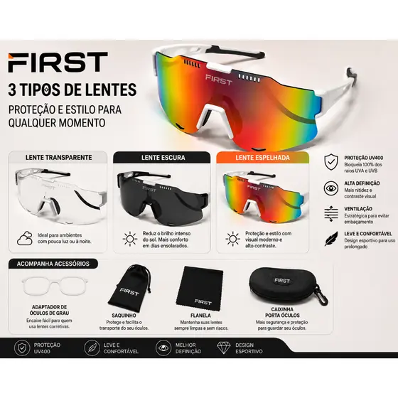 Kit Óculos First 3 Em 1 Ciclismo Bike E Corrida Com 3 Lentes Intercambiáveis E Estojo Proteção UV400