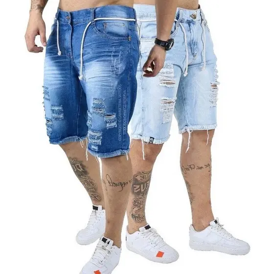 Kit 2 Bermudas Jeans Destroyed Desfiada slim lycra Rasgada promoção