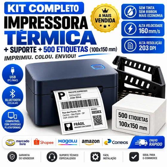 Kit Impressora Térmica Bluetooth Etiquetas 100x150 4x6 + Suporte + 500 Etiquetas