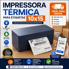 Impressora Termica de Etiquetas 100x15 Bluetooth 4x6 Para Shopee Mercado Livre Correios Compatível com PC e Celular