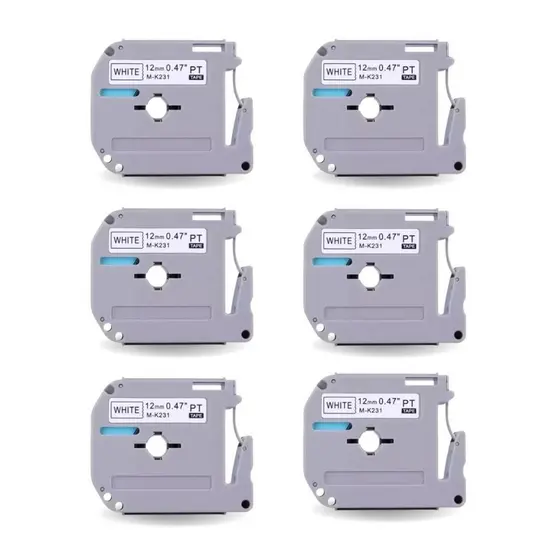Kit 6 Fitas para Rotulador M-K231 12mm x 8m Reposição Impressão Branco com Escrita Preta