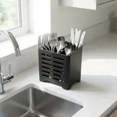 Escorredor e Porta Talheres e Utensílios de Plástico Preto para Pia Cozinha Compacto e Moderno