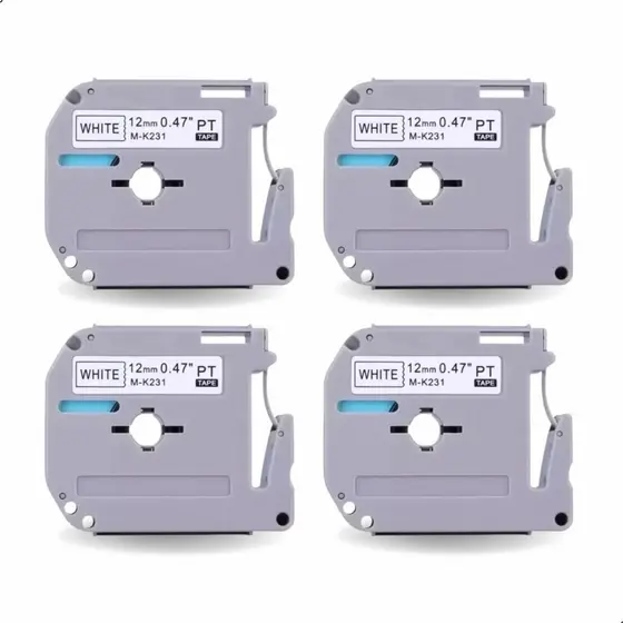 Kit 4 Fitas para Rotulador Evolut M-K231 12mm x 8m Reposição Impressão Branco com Escrita Preta