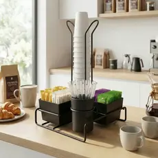 Suporte Para Copos Descartáveis Cantinho do Café com Porta Sachê Açucar Colheres Escritório Cozinha