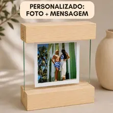 Porta Retrato com Base Madeira e Vidro Duplo Personalizado Mine Presente Dia Dos Pais Ou Romântico Decorativo Namorados